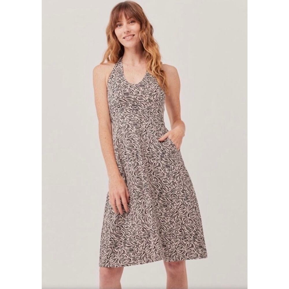 PACT Sz S Windswept Oak Maya Halter Dress Summer Organic Cotton Fit N Flare Midi